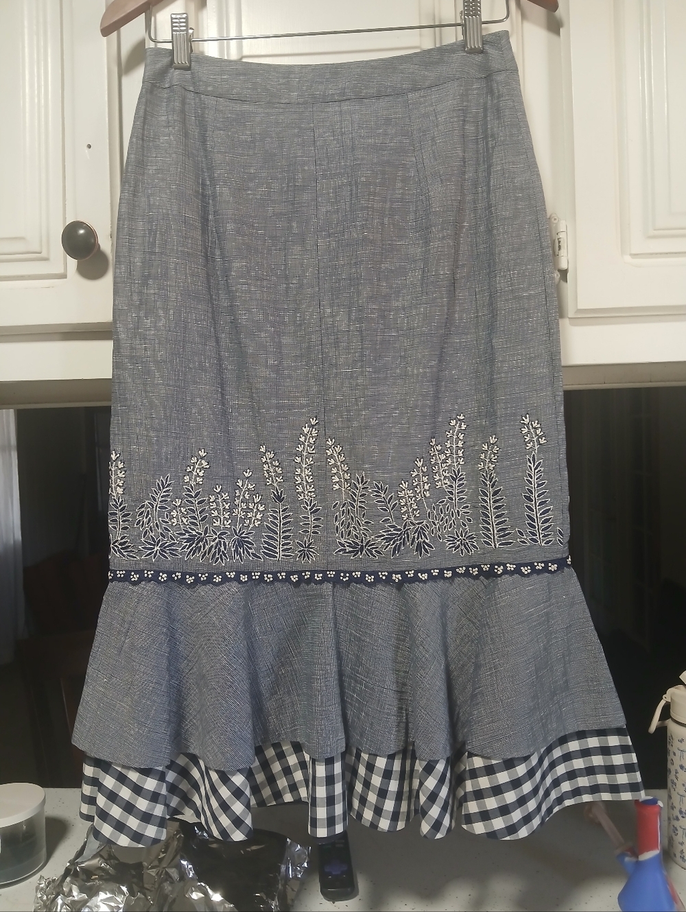 Hand Embroidered Gingham Hem A-Line Skirt - Blue And White